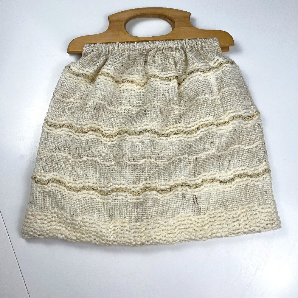 Vintage knitting bag woven woods handle handmade handbag medium size